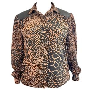 Jordan Animal Print Faux Leather Shoulder Brown and Black Button Up Blouse